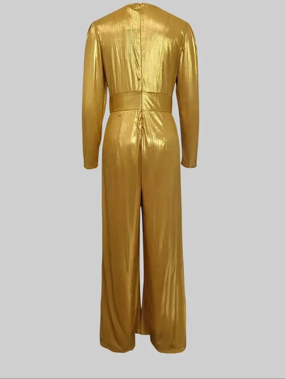 Women's Shiny Deep High Waist Wide- Jumpsuit - Elegant Three-Quarter Sleeve Body - Picture 8 of 8